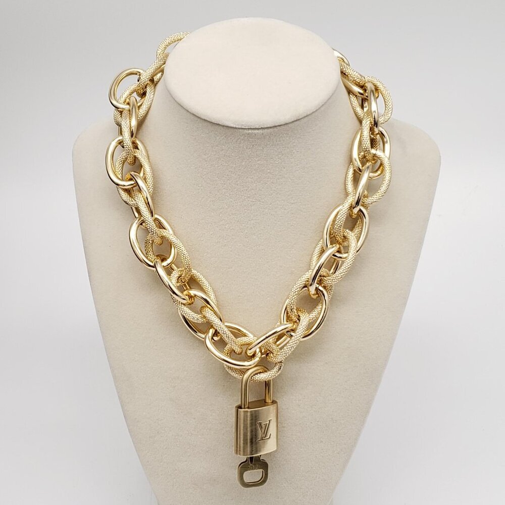 Authentic Louis Vuitton Gold Padlock w/ Unbranded Fashion Geometry Necklace - Picture 6 of 7